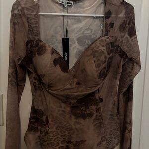 Fashion Nova Brown Cream Fitted Bodysuit with Asymmetrical Design